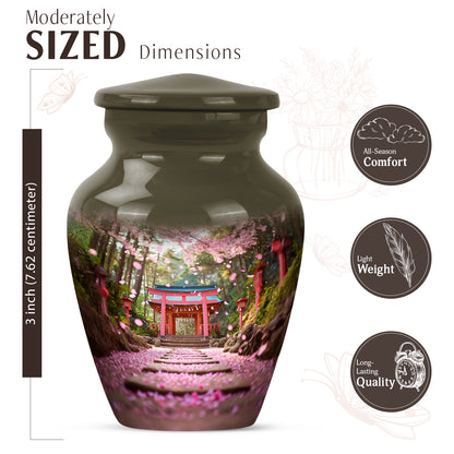 Harvest Gold Cherry Blossom Cremation Urn close-up of engraving and surface detail - traditional cherry blossom engraving with hand-polished finish - mini keepsake memorial for portion of cremation ashes