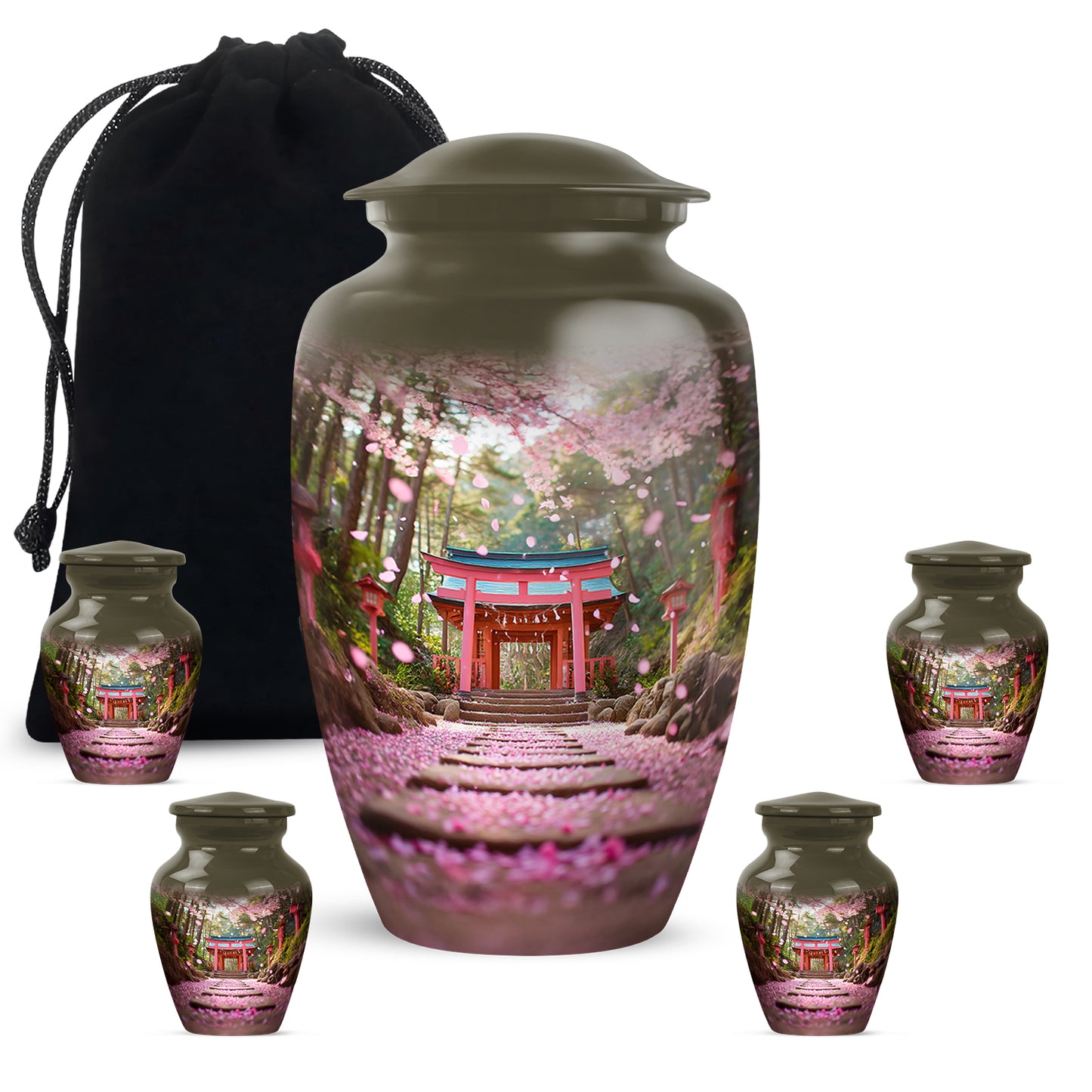 Amber Gold Cherry Blossom Cremation Urn top-down view of secure threaded lid - classic sculpted cherry blossom pattern on smooth aluminum - memorial set with one large and four small urns