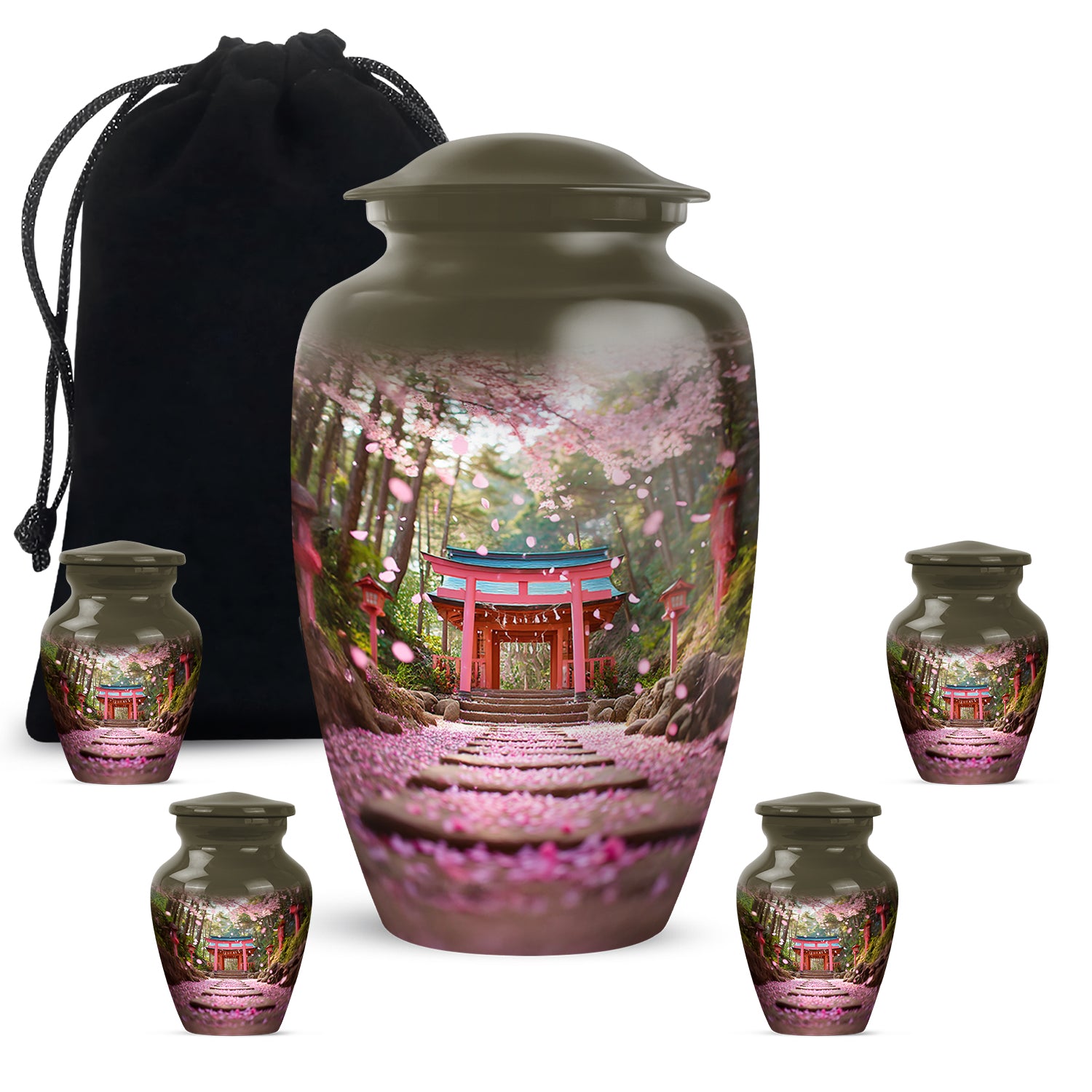 Amber Gold Cherry Blossom Cremation Urn top-down view of secure threaded lid - classic sculpted cherry blossom pattern on smooth aluminum - memorial set with one large and four small urns