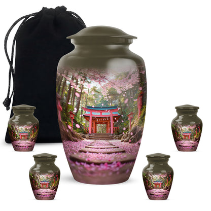 Amber Gold Cherry Blossom Cremation Urn top-down view of secure threaded lid - classic sculpted cherry blossom pattern on smooth aluminum - memorial set with one large and four small urns