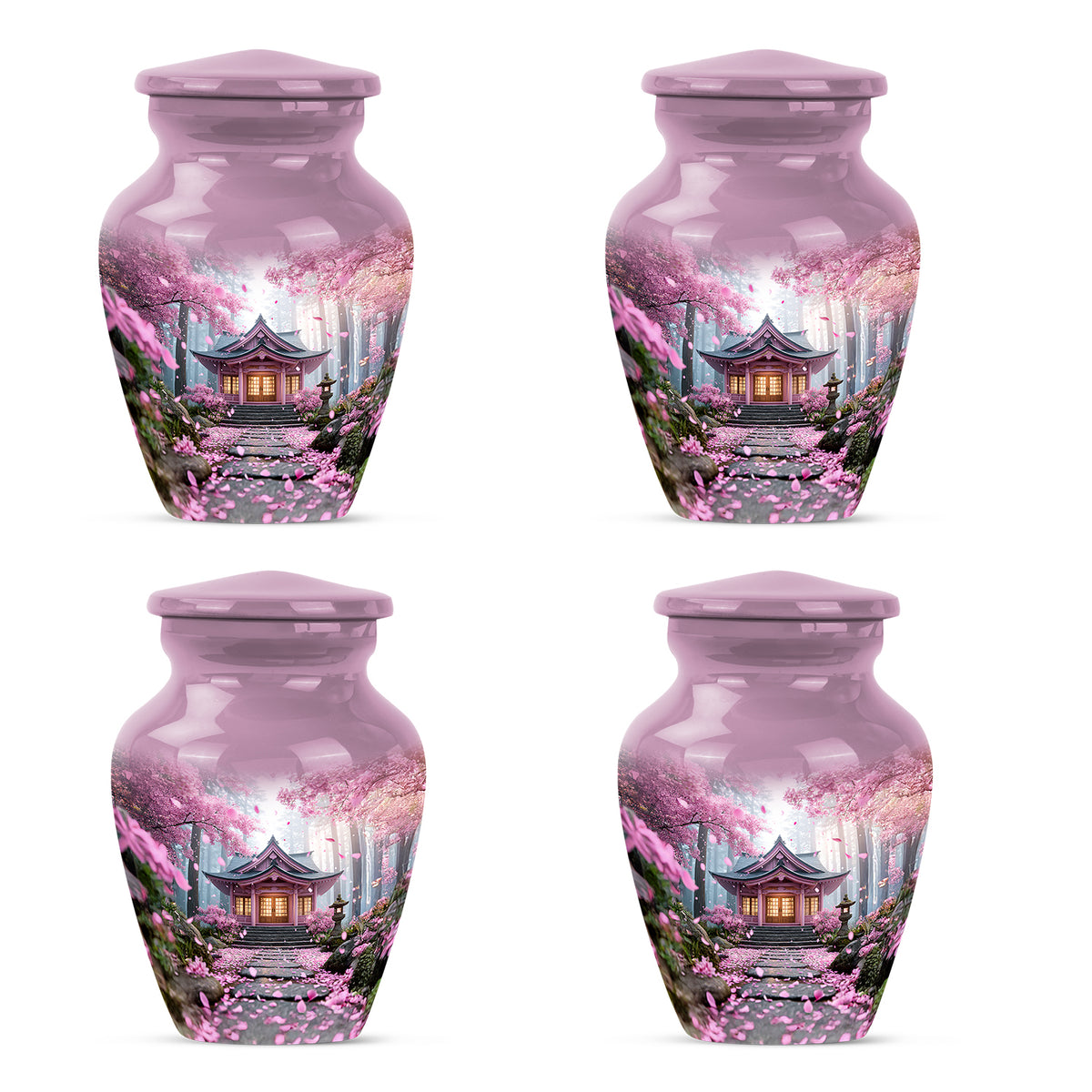 Vintage Pink Cherry Blossom Cremation Urn side profile showing urn shape - elegant classic cherry blossom relief with fine detailing - 10 inch aluminum urn for cremated remains
