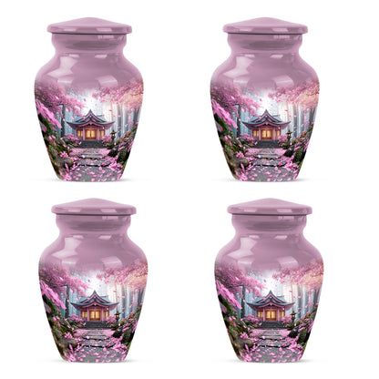 Vintage Pink Cherry Blossom Cremation Urn side profile showing urn shape - elegant classic cherry blossom relief with fine detailing - 10 inch aluminum urn for cremated remains