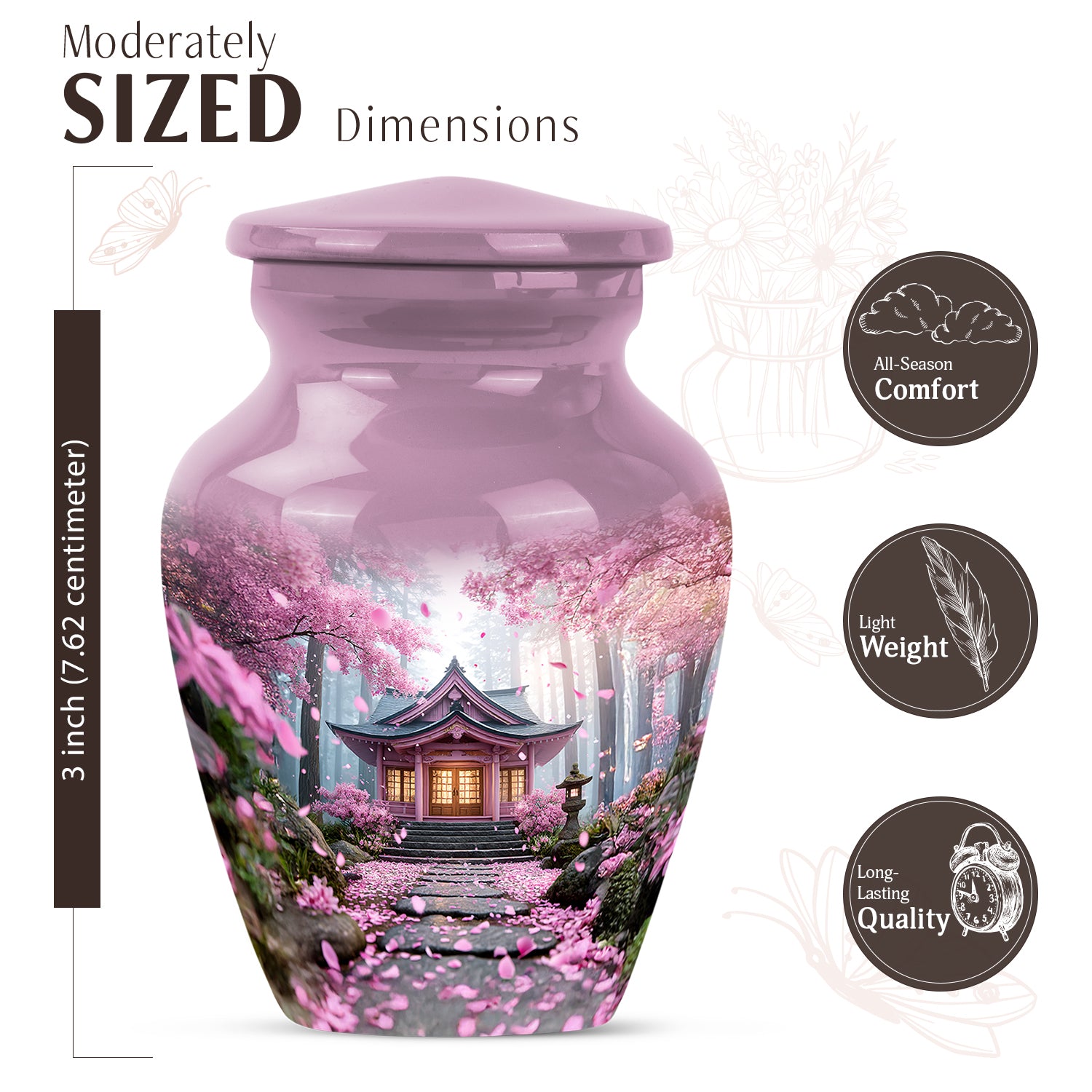 Vintage Pink Cherry Blossom Cremation Urn close-up of engraving and surface detail - elegant classic cherry blossom relief with fine detailing - mini keepsake memorial for portion of cremation ashes