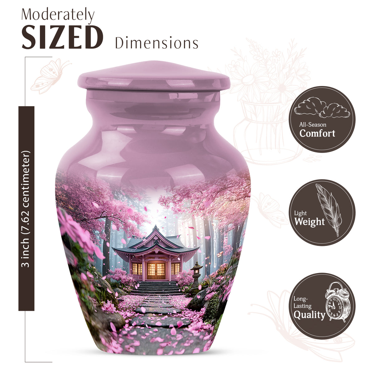 Vintage Pink Cherry Blossom Cremation Urn close-up of engraving and surface detail - elegant classic cherry blossom relief with fine detailing - mini keepsake memorial for portion of cremation ashes