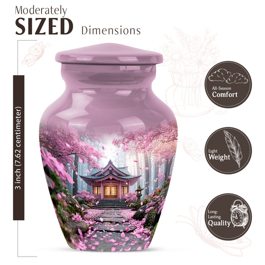 Vintage Pink Cherry Blossom Cremation Urn close-up of engraving and surface detail - elegant classic cherry blossom relief with fine detailing - mini keepsake memorial for portion of cremation ashes