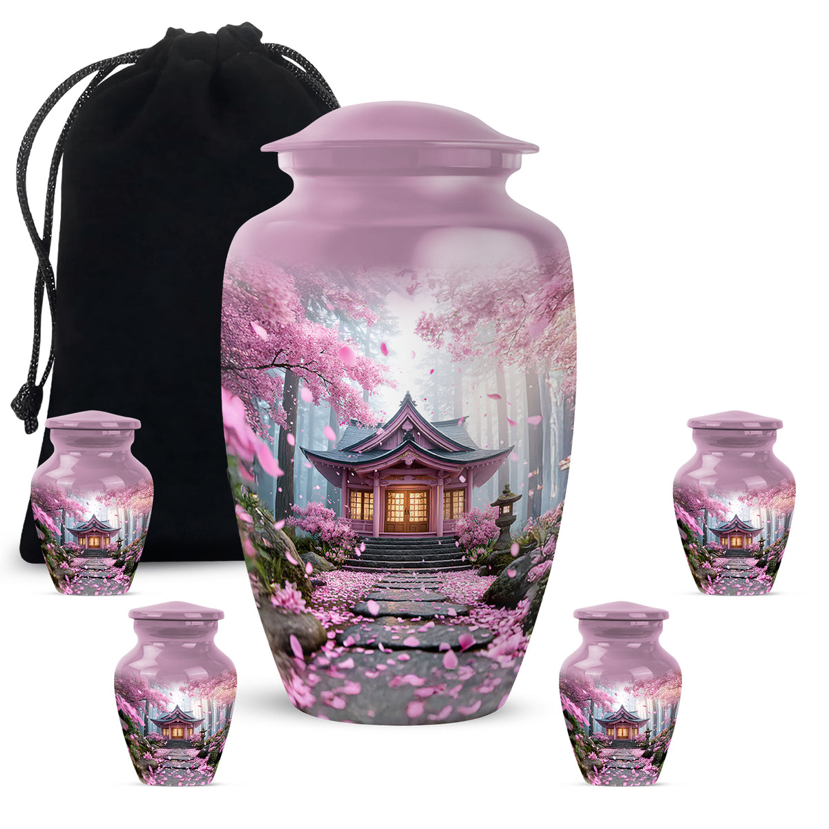 Vintage Pink Cherry Blossom Cremation Urn top-down view of secure threaded lid - elegant classic cherry blossom relief with fine detailing - memorial set with one large and four small urns