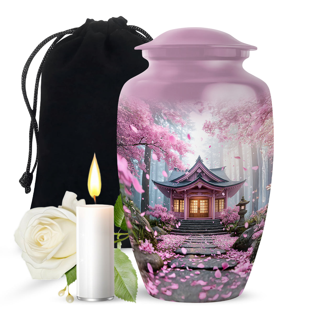 Blush Pink Cherry Blossom Cremation Urn angled view of lid and engraved motif - timeless cherry blossom motif etched into premium metal - full-size 10 inch 200 cubic inch adult cremation urn