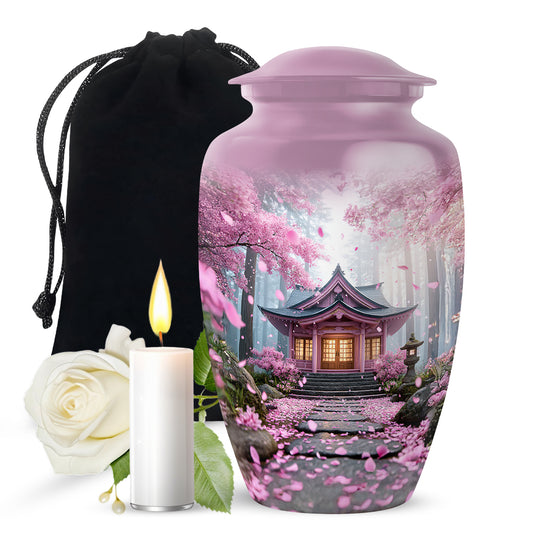 Blush Pink Cherry Blossom Cremation Urn angled view of lid and engraved motif - timeless cherry blossom motif etched into premium metal - full-size 10 inch 200 cubic inch adult cremation urn
