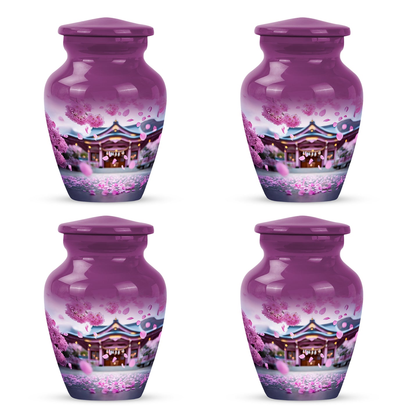 Blush Pink Cherry Blossom Cremation Urn side profile showing urn shape - timeless cherry blossom motif etched into premium metal - 10 inch aluminum urn for cremated remains