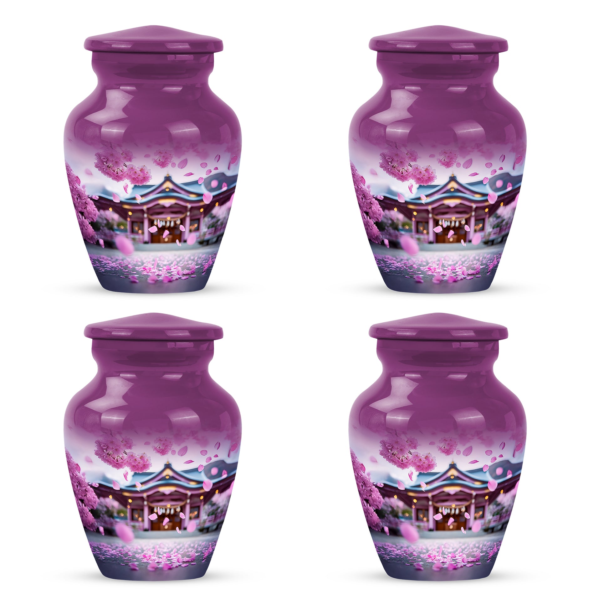 Blush Pink Cherry Blossom Cremation Urn side profile showing urn shape - timeless cherry blossom motif etched into premium metal - 10 inch aluminum urn for cremated remains
