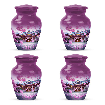 Blush Pink Cherry Blossom Cremation Urn side profile showing urn shape - timeless cherry blossom motif etched into premium metal - 10 inch aluminum urn for cremated remains