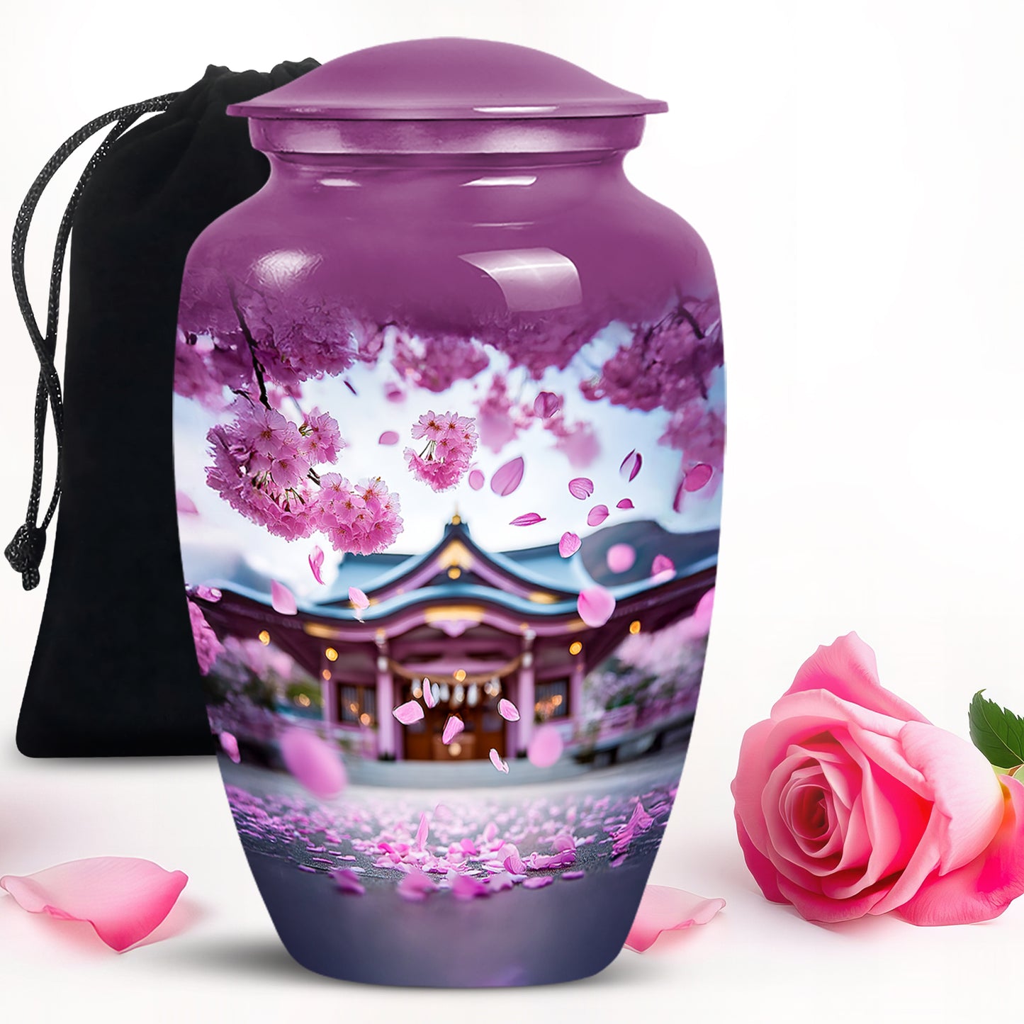 Pastel Pink Cherry Blossom Cremation Urn angled view of lid and engraved motif - classic sculpted cherry blossom pattern on smooth aluminum - full-size 10 inch 200 cubic inch adult cremation urn