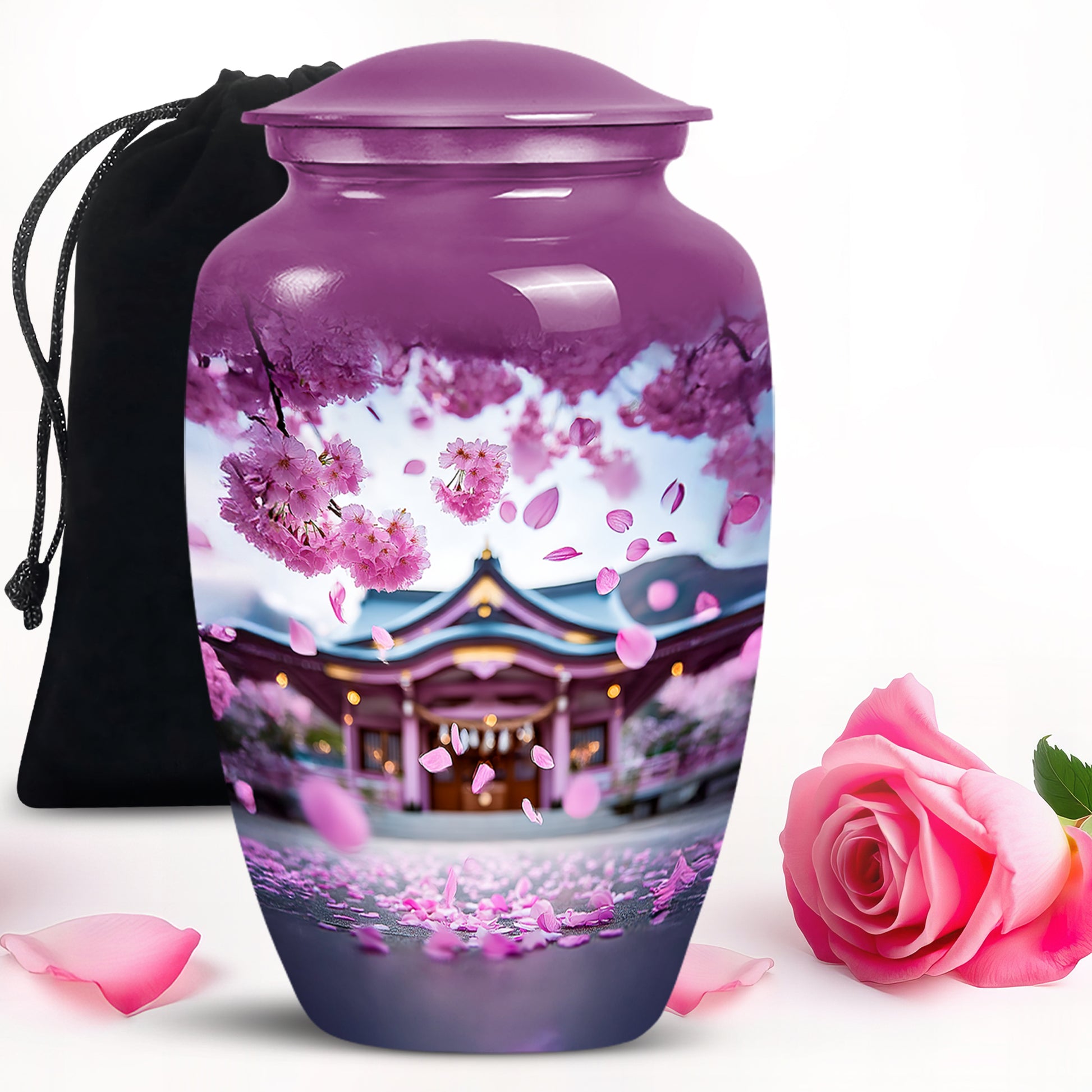 Pastel Pink Cherry Blossom Cremation Urn angled view of lid and engraved motif - classic sculpted cherry blossom pattern on smooth aluminum - full-size 10 inch 200 cubic inch adult cremation urn