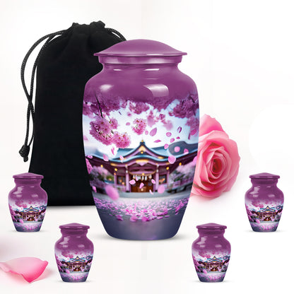 Dusty Pink Cherry Blossom Cremation Urn top-down view of secure threaded lid - elegant classic cherry blossom relief with fine detailing - memorial set with one large and four small urns
