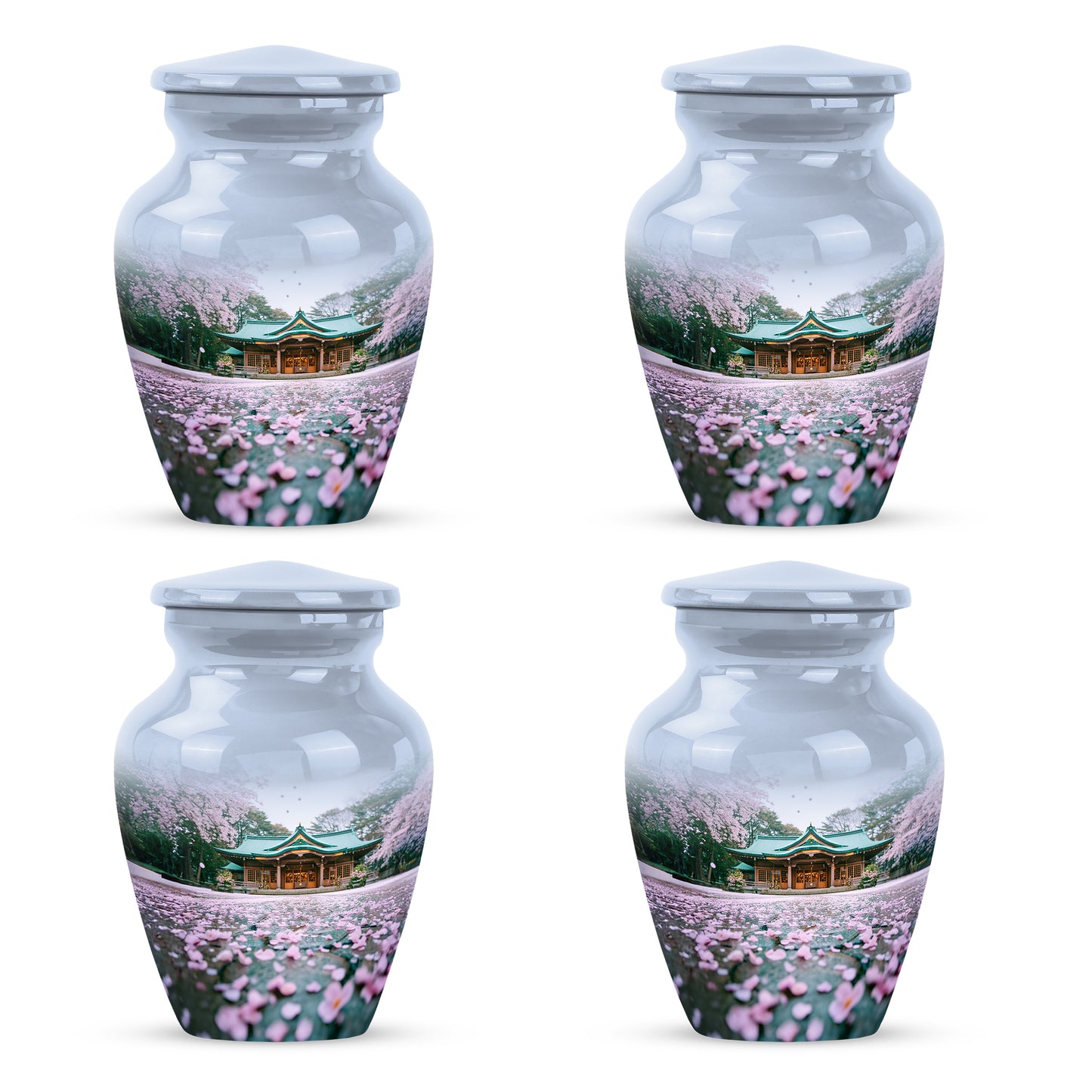 Alabaster White Cherry Blossom Cremation Urn side profile showing urn shape - classic sculpted cherry blossom pattern on smooth aluminum - 10 inch aluminum urn for cremated remains