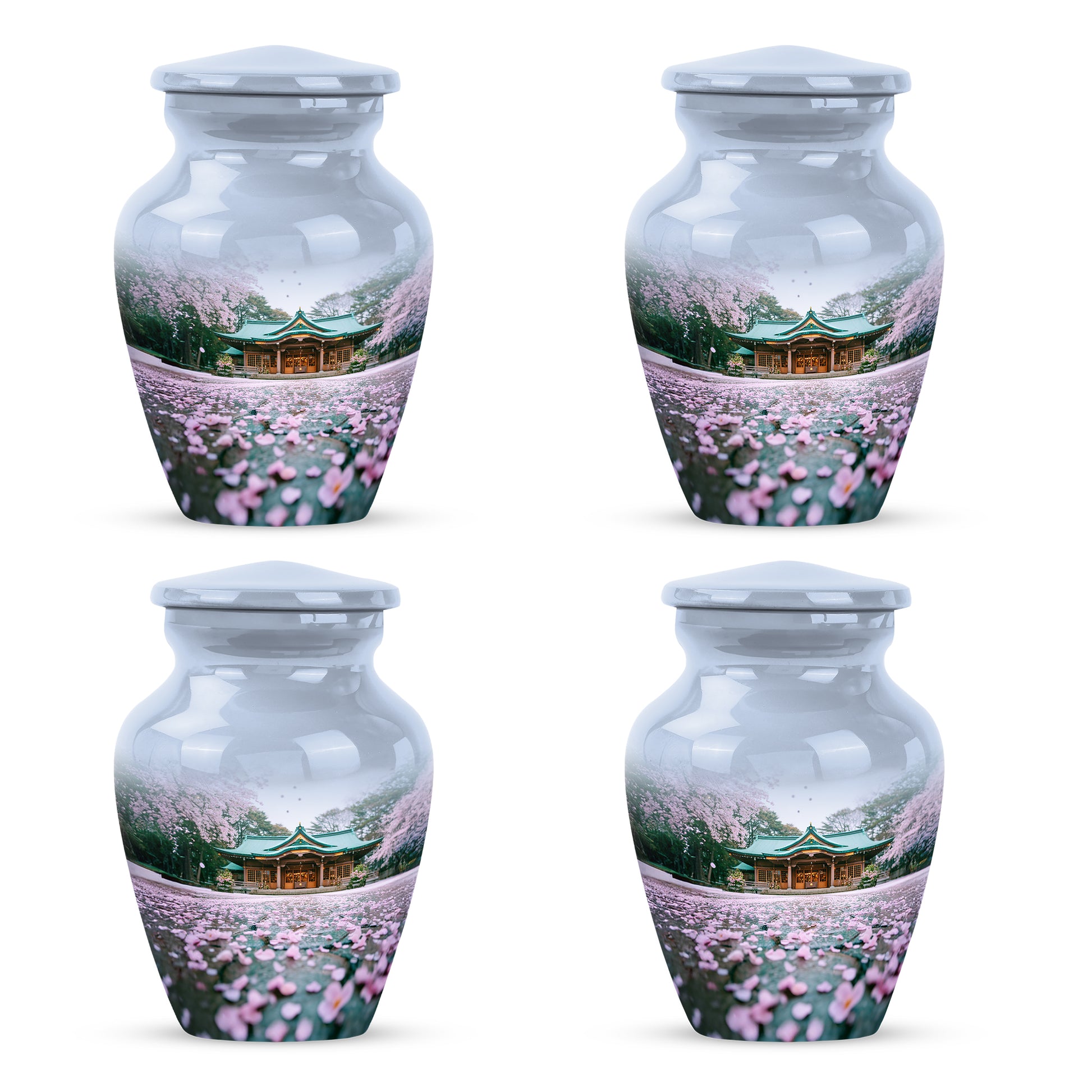Alabaster White Cherry Blossom Cremation Urn side profile showing urn shape - classic sculpted cherry blossom pattern on smooth aluminum - 10 inch aluminum urn for cremated remains