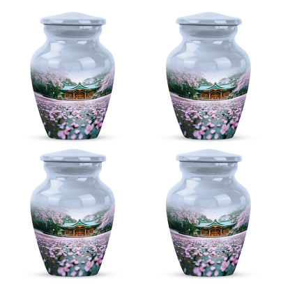 Alabaster White Cherry Blossom Cremation Urn side profile showing urn shape - classic sculpted cherry blossom pattern on smooth aluminum - 10 inch aluminum urn for cremated remains