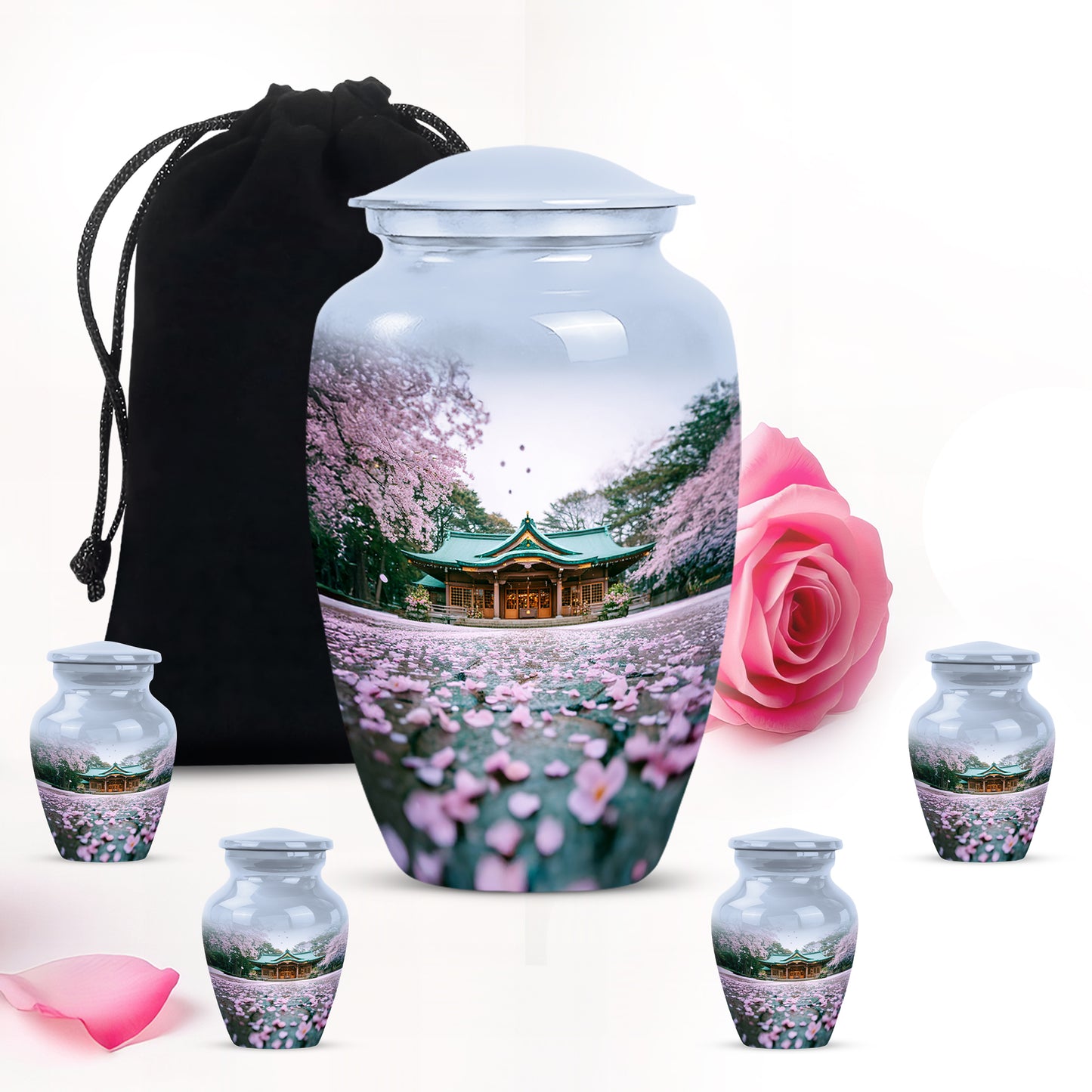 Pearl White Cherry Blossom Cremation Urn top-down view of secure threaded lid - traditional cherry blossom engraving with hand-polished finish - memorial set with one large and four small urns
