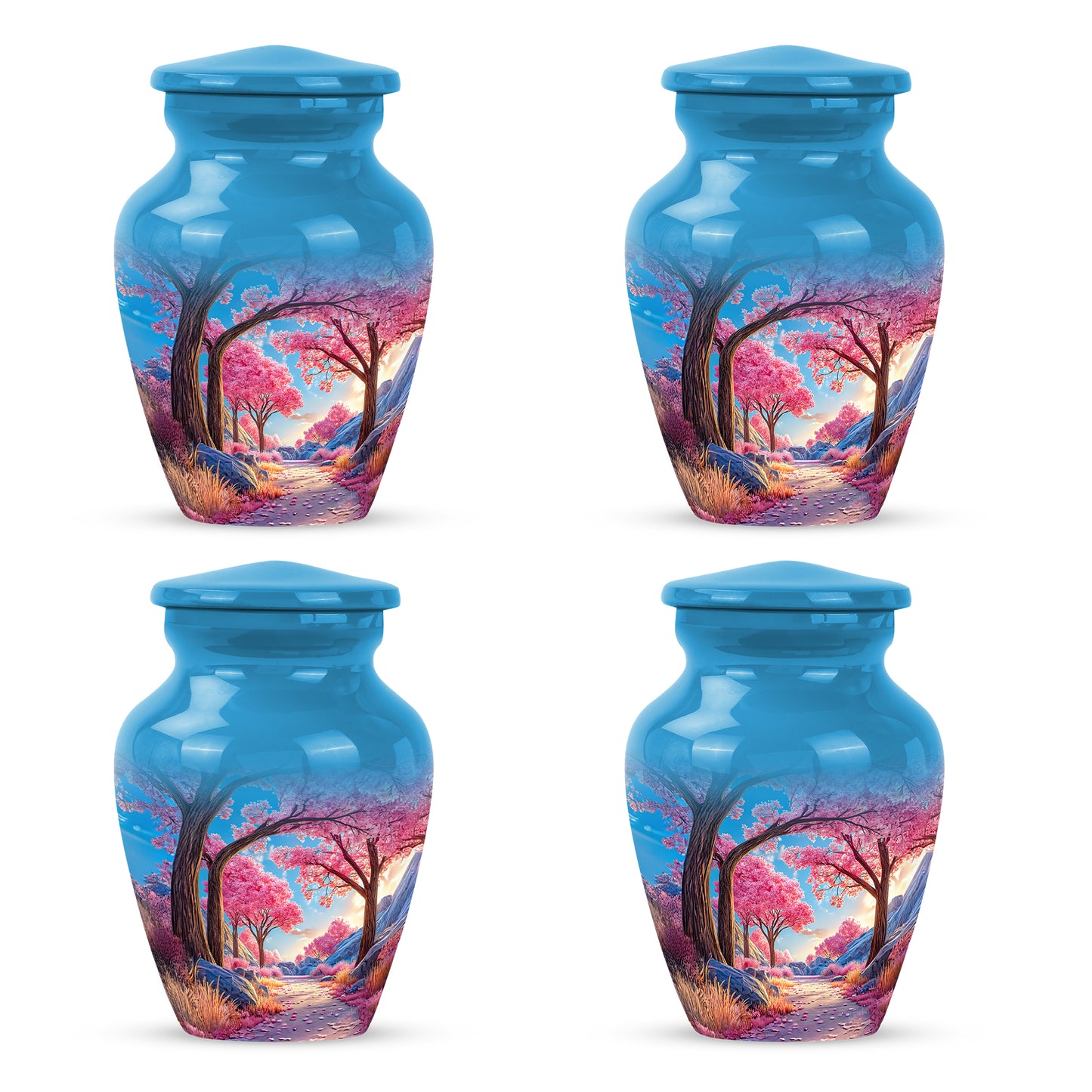 Royal Blue Cherry Blossom Cremation Urn side profile showing urn shape - traditional cherry blossom engraving with hand-polished finish - 10 inch aluminum urn for cremated remains