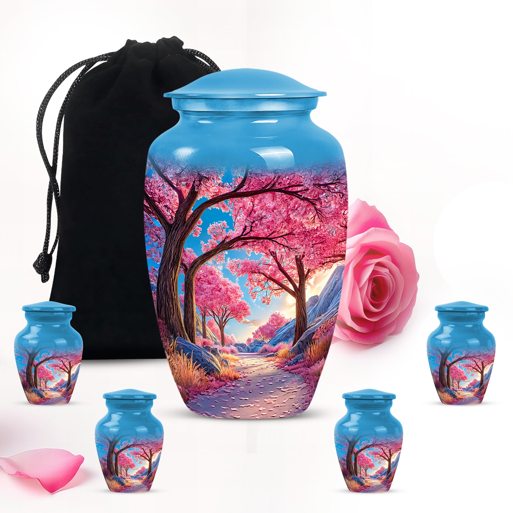 Cornflower Blue Cherry Blossom Cremation Urn top-down view of secure threaded lid - elegant classic cherry blossom relief with fine detailing - memorial set with one large and four small urns