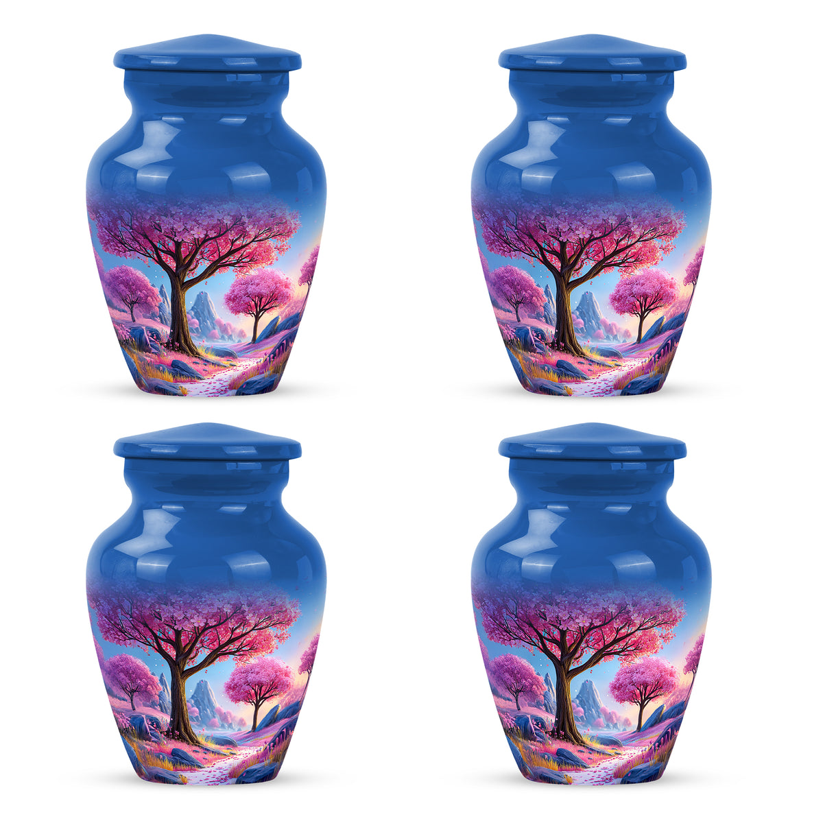 Slate Blue Cherry Blossom Cremation Urn side profile showing urn shape - timeless cherry blossom motif etched into premium metal - 10 inch aluminum urn for cremated remains
