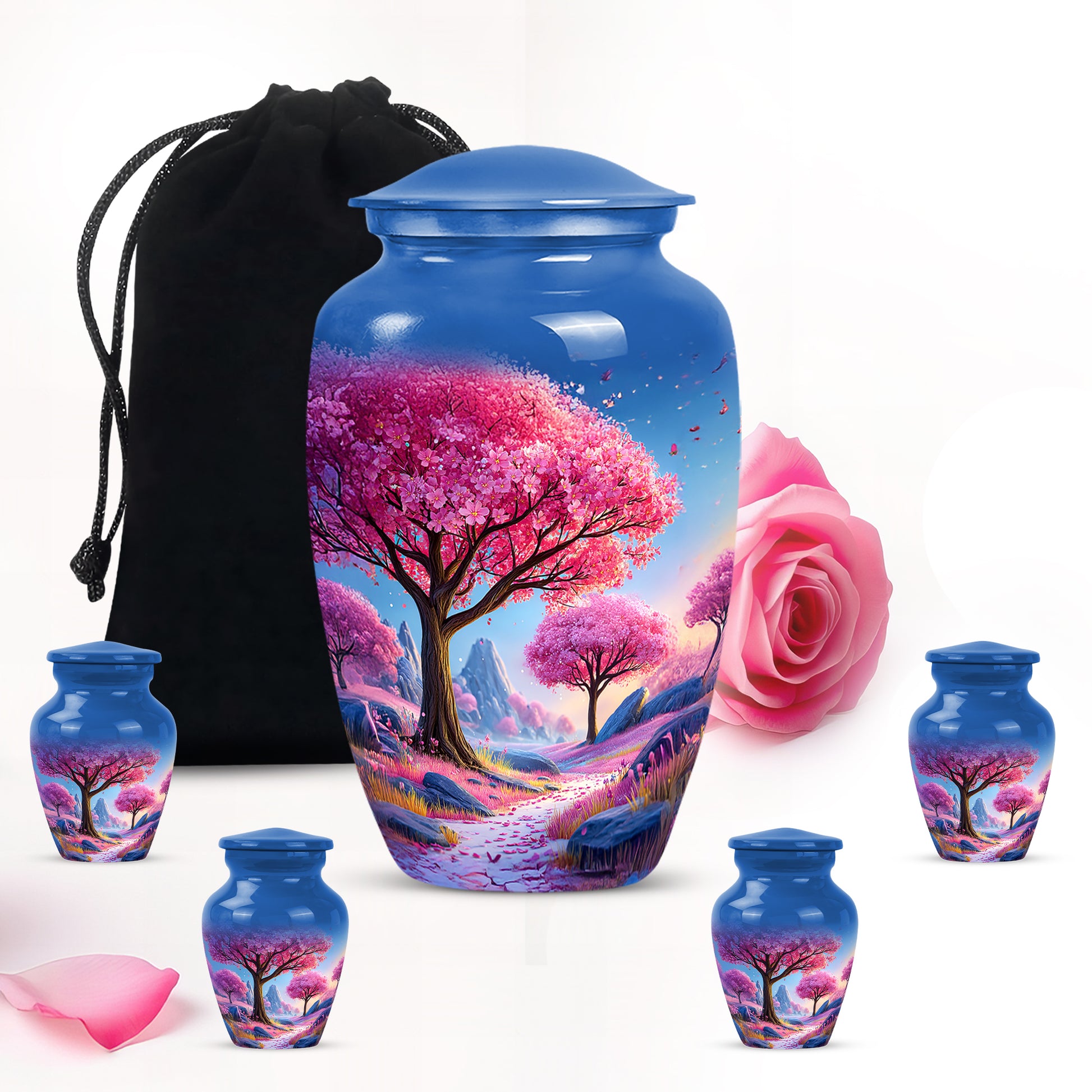 Slate Blue Cherry Blossom Cremation Urn top-down view of secure threaded lid - timeless cherry blossom motif etched into premium metal - memorial set with one large and four small urns
