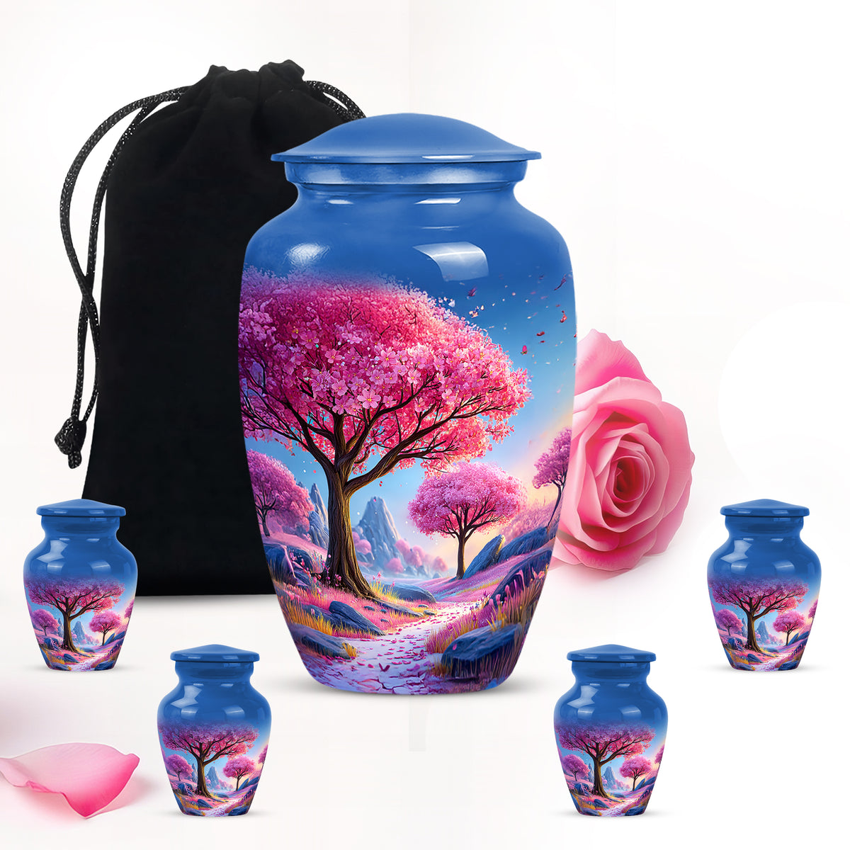 Slate Blue Cherry Blossom Cremation Urn top-down view of secure threaded lid - timeless cherry blossom motif etched into premium metal - memorial set with one large and four small urns