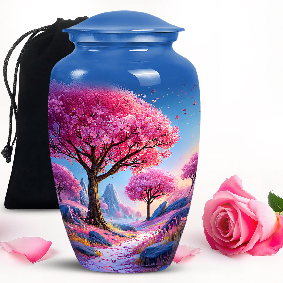 Cobalt Blue Cherry Blossom Cremation Urn angled view of lid and engraved motif - traditional cherry blossom engraving with hand-polished finish - full-size 10 inch 200 cubic inch adult cremation urn