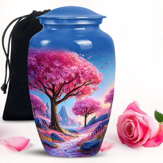 Cobalt Blue Cherry Blossom Cremation Urn angled view of lid and engraved motif - traditional cherry blossom engraving with hand-polished finish - full-size 10 inch 200 cubic inch adult cremation urn