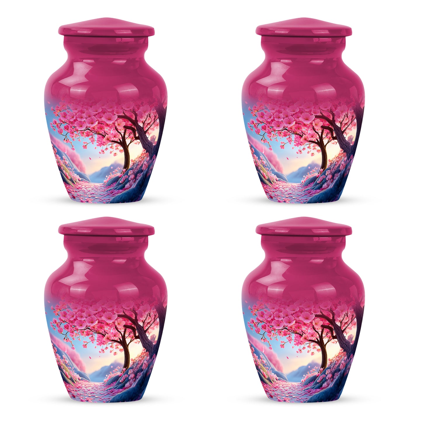 Dusty Pink Cherry Blossom Cremation Urn side profile showing urn shape - traditional cherry blossom engraving with hand-polished finish - 10 inch aluminum urn for cremated remains
