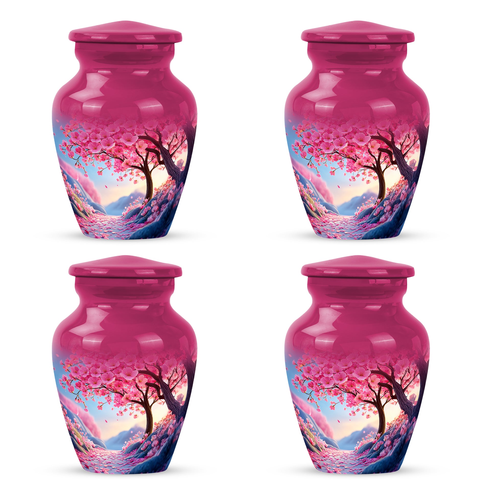 Dusty Pink Cherry Blossom Cremation Urn side profile showing urn shape - traditional cherry blossom engraving with hand-polished finish - 10 inch aluminum urn for cremated remains