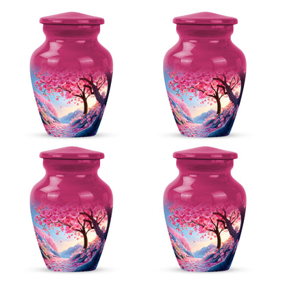 Dusty Pink Cherry Blossom Cremation Urn side profile showing urn shape - traditional cherry blossom engraving with hand-polished finish - 10 inch aluminum urn for cremated remains