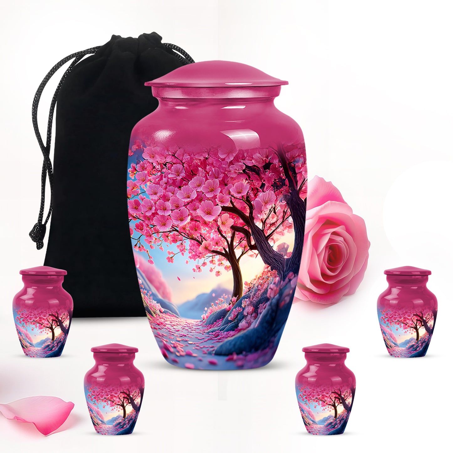 Peony Pink Cherry Blossom Cremation Urn top-down view of secure threaded lid - classic sculpted cherry blossom pattern on smooth aluminum - memorial set with one large and four small urns