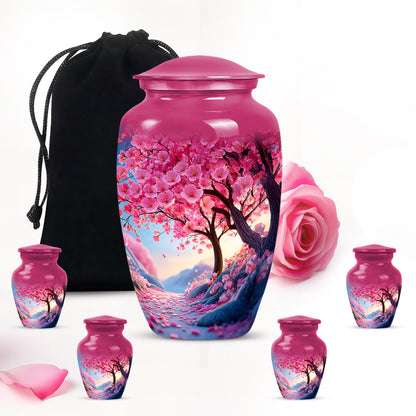 Peony Pink Cherry Blossom Cremation Urn top-down view of secure threaded lid - classic sculpted cherry blossom pattern on smooth aluminum - memorial set with one large and four small urns