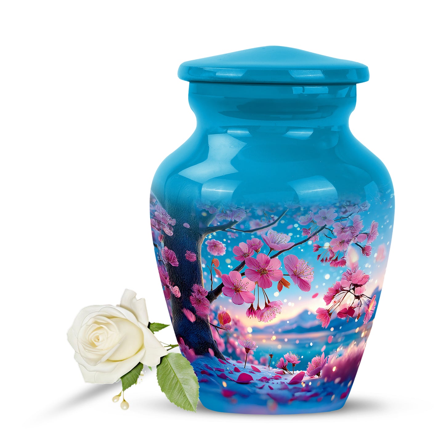 Teal Sacred Cherry Blossom Cremation Urns for Human Ashes - 10-inch, 200 cu in - Yatskia