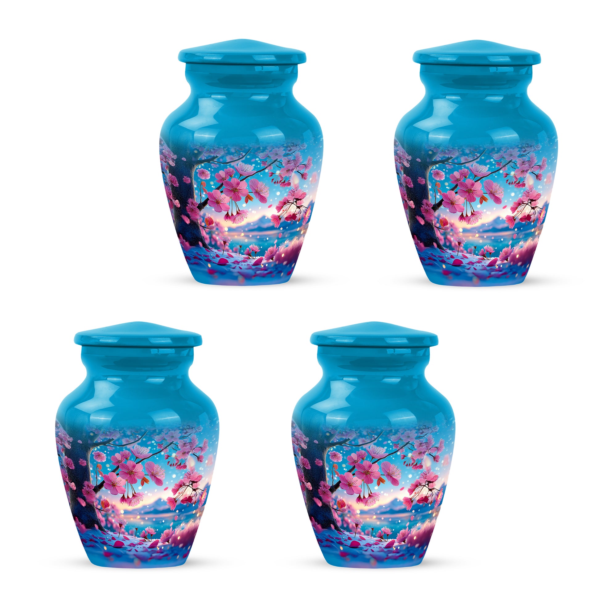 Sea Green Teal Cherry Blossom Cremation Urn side profile showing urn shape - timeless cherry blossom motif etched into premium metal - 10 inch aluminum urn for cremated remains