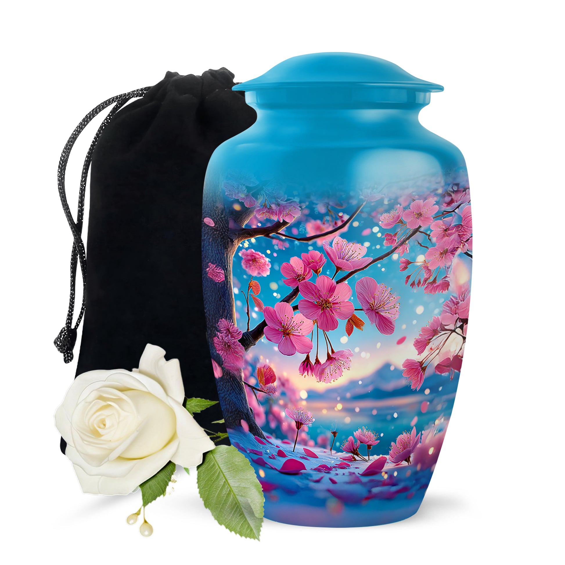 Soft Teal Cherry Blossom Cremation Urn angled view of lid and engraved motif - classic sculpted cherry blossom pattern on smooth aluminum - full-size 10 inch 200 cubic inch adult cremation urn