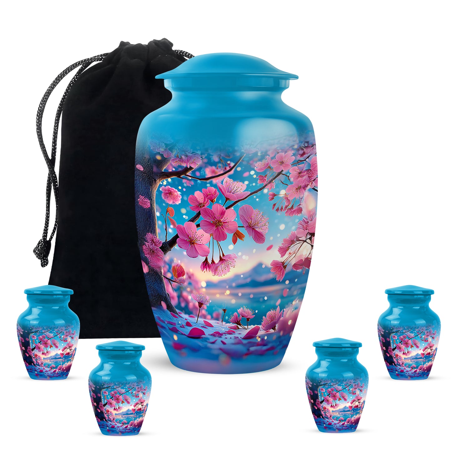 Sea Green Teal Cherry Blossom Cremation Urn top-down view of secure threaded lid - classic sculpted cherry blossom pattern on smooth aluminum - memorial set with one large and four small urns