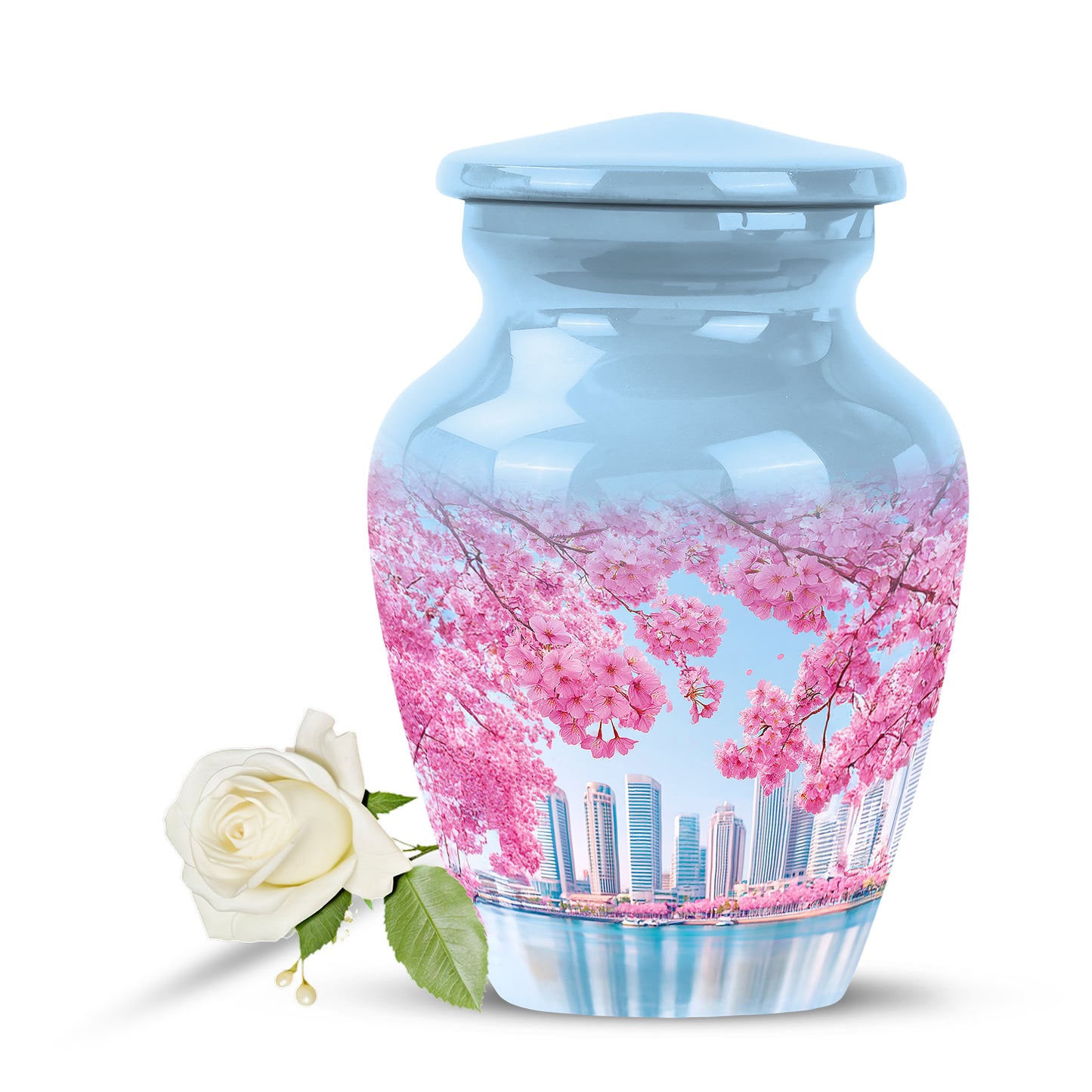 Blue Cherry Blossom Cremation Urns - Glorious Memorial 10-inch, 200 cu in - Yatskia