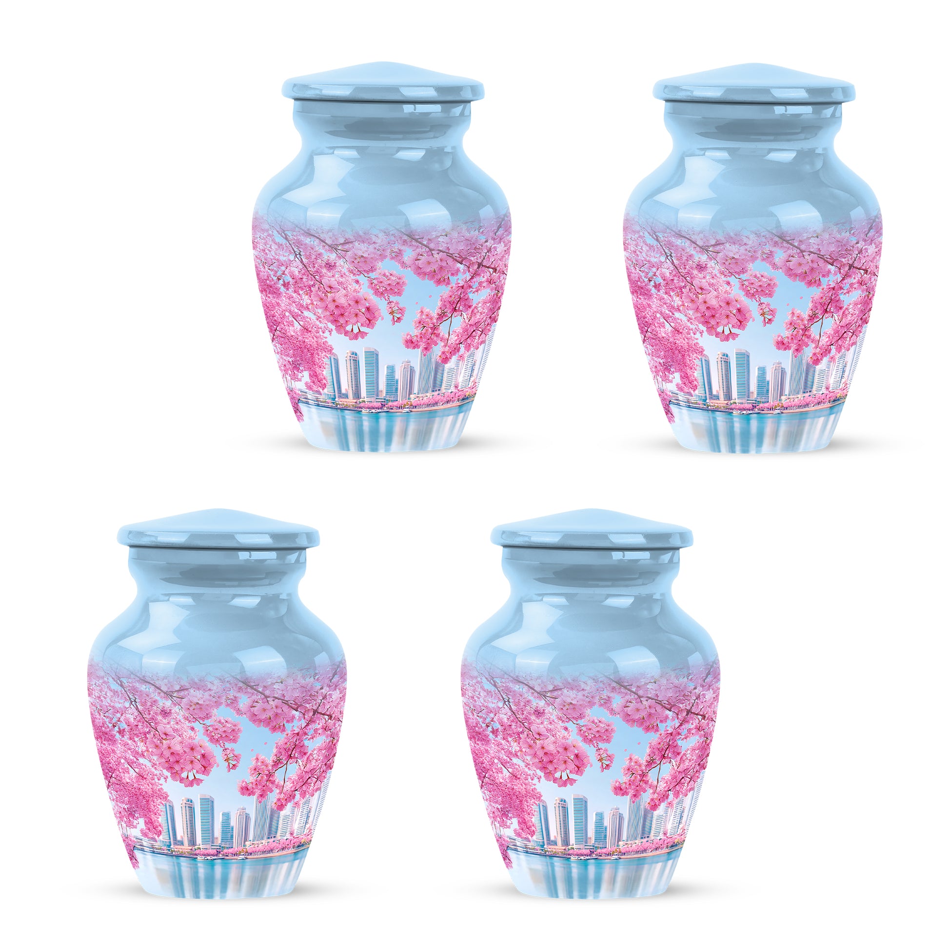 Sapphire Blue Cherry Blossom Cremation Urn side profile showing urn shape - elegant classic cherry blossom relief with fine detailing - 10 inch aluminum urn for cremated remains