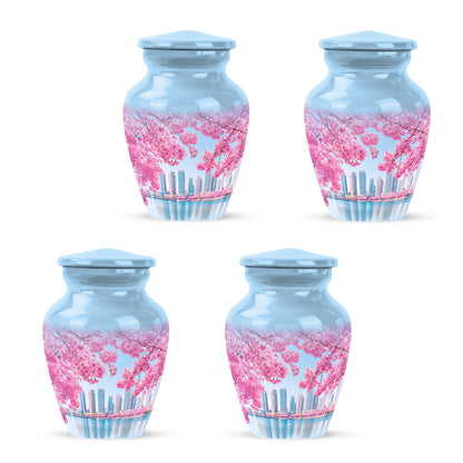 Sapphire Blue Cherry Blossom Cremation Urn side profile showing urn shape - elegant classic cherry blossom relief with fine detailing - 10 inch aluminum urn for cremated remains
