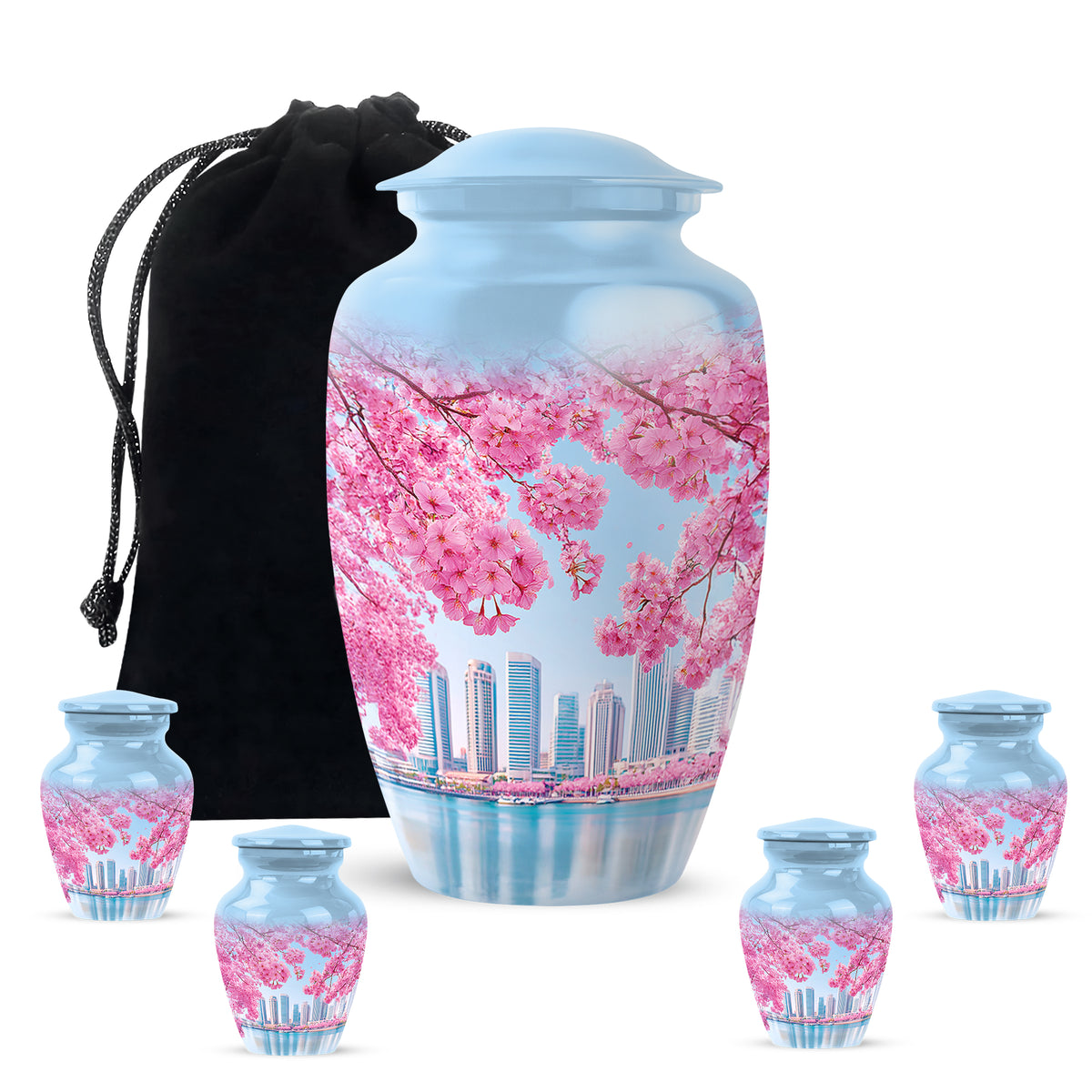 Sky Blue Cherry Blossom Cremation Urn top-down view of secure threaded lid - classic sculpted cherry blossom pattern on smooth aluminum - memorial set with one large and four small urns