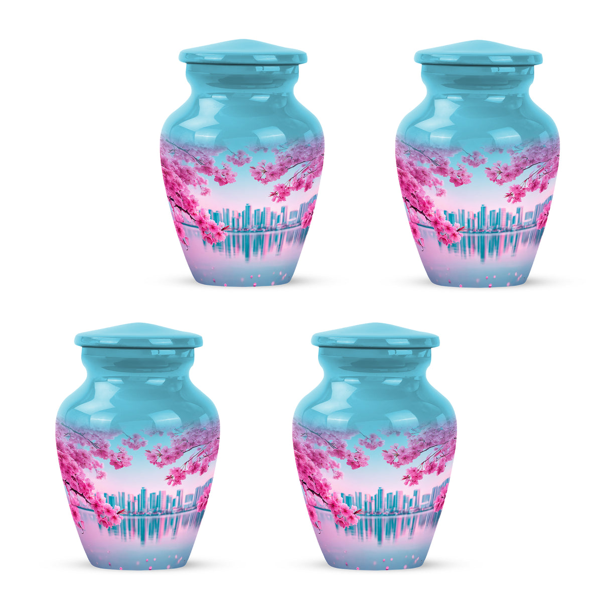 Jewel Teal Cherry Blossom Cremation Urn side profile showing urn shape - classic sculpted cherry blossom pattern on smooth aluminum - 10 inch aluminum urn for cremated remains