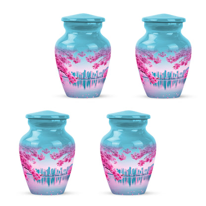 Jewel Teal Cherry Blossom Cremation Urn side profile showing urn shape - classic sculpted cherry blossom pattern on smooth aluminum - 10 inch aluminum urn for cremated remains
