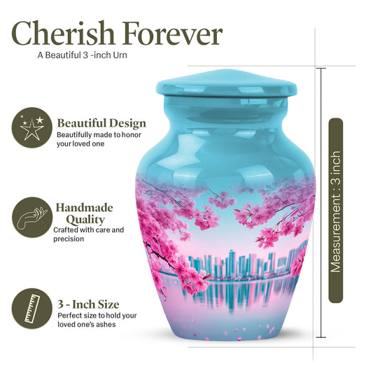 Mystic Teal Cherry Blossom Cremation Urn close-up of engraving and surface detail - elegant classic cherry blossom relief with fine detailing - mini keepsake memorial for portion of cremation ashes