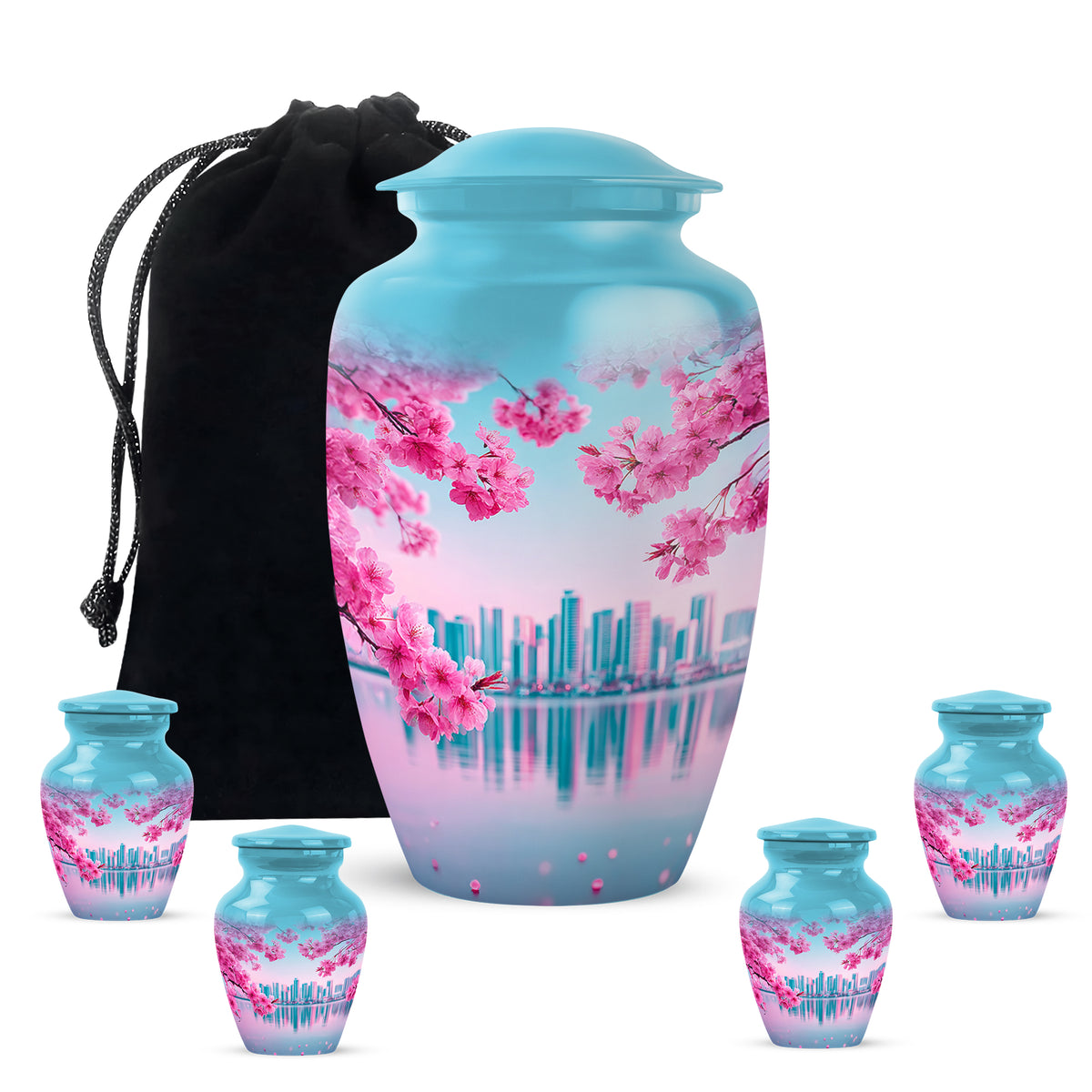 Mystic Teal Cherry Blossom Cremation Urn top-down view of secure threaded lid - elegant classic cherry blossom relief with fine detailing - memorial set with one large and four small urns