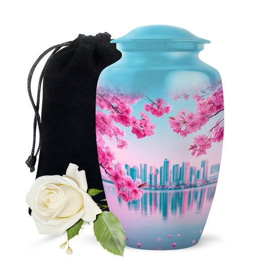 Vivid Teal Cherry Blossom Cremation Urn angled view of lid and engraved motif - traditional cherry blossom engraving with hand-polished finish - full-size 10 inch 200 cubic inch adult cremation urn