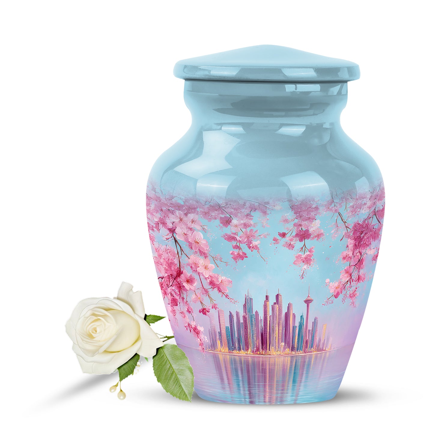 Personalized Blue Revered Cherry Blossom Cremation Urns for Human Ashes - 10-inch, 200 cu in - Yatskia