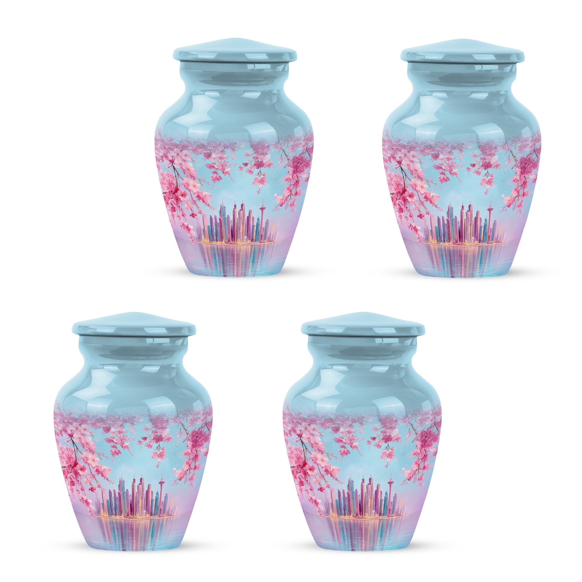 Bright Blue Cherry Blossom Cremation Urn side profile showing urn shape - traditional cherry blossom engraving with hand-polished finish - 10 inch aluminum urn for cremated remains