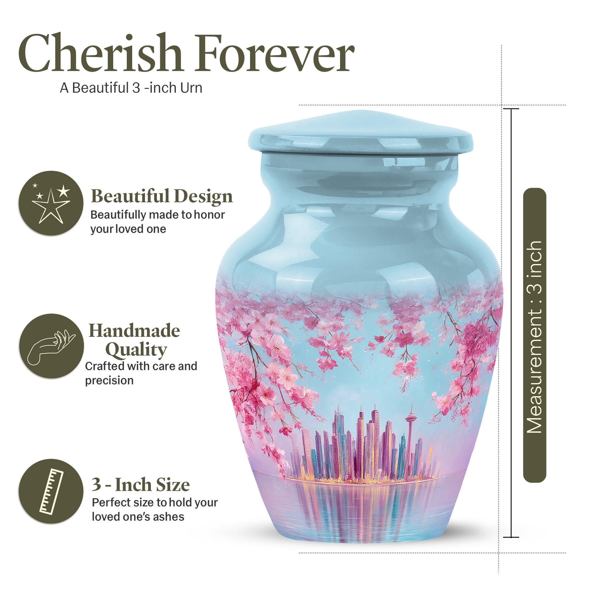 Dusty Blue Cherry Blossom Cremation Urn close-up of engraving and surface detail - classic sculpted cherry blossom pattern on smooth aluminum - mini keepsake memorial for portion of cremation ashes